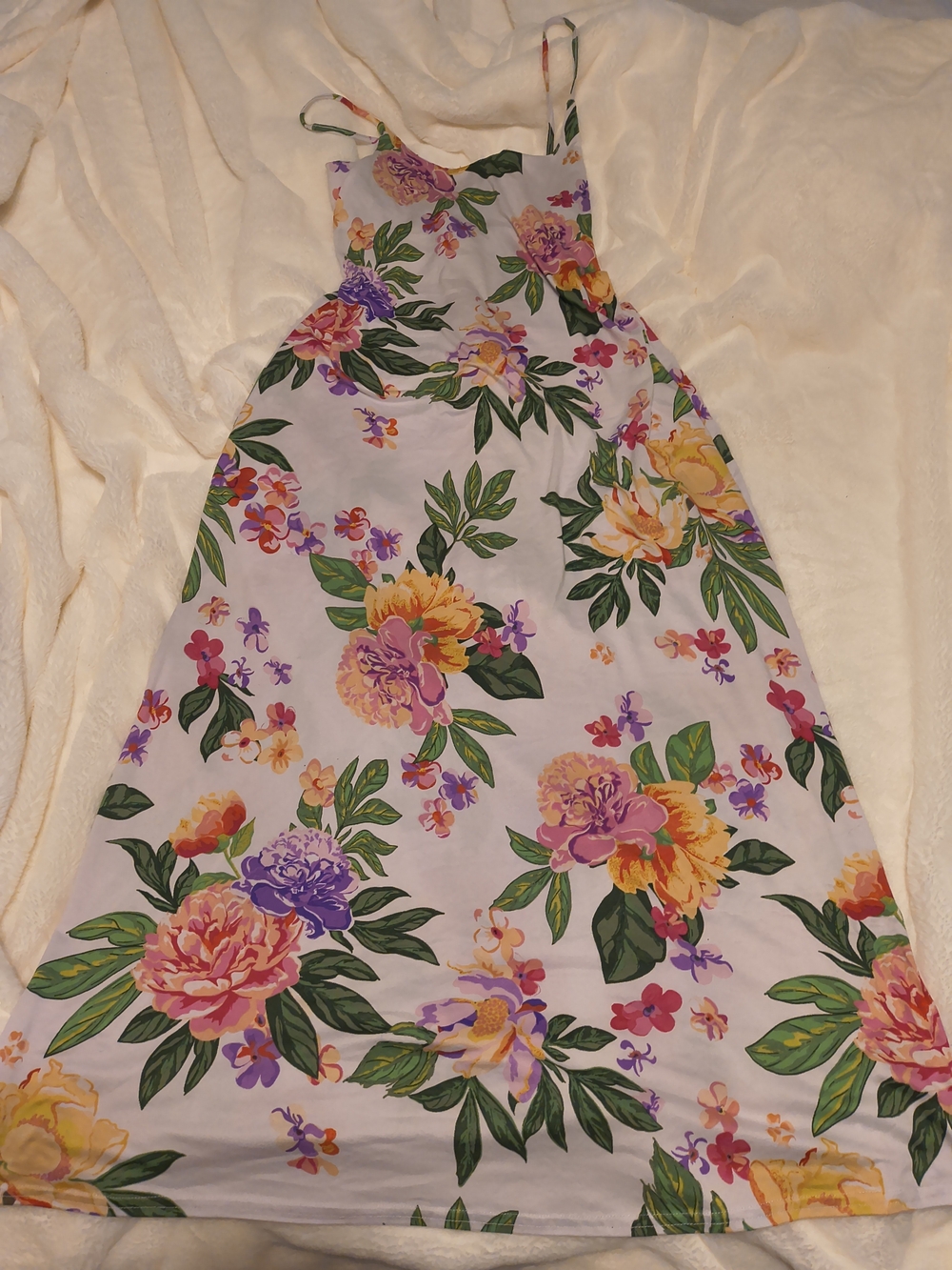 Floral Spaghetti-Strap Sundress in White with Multicolor Blooms